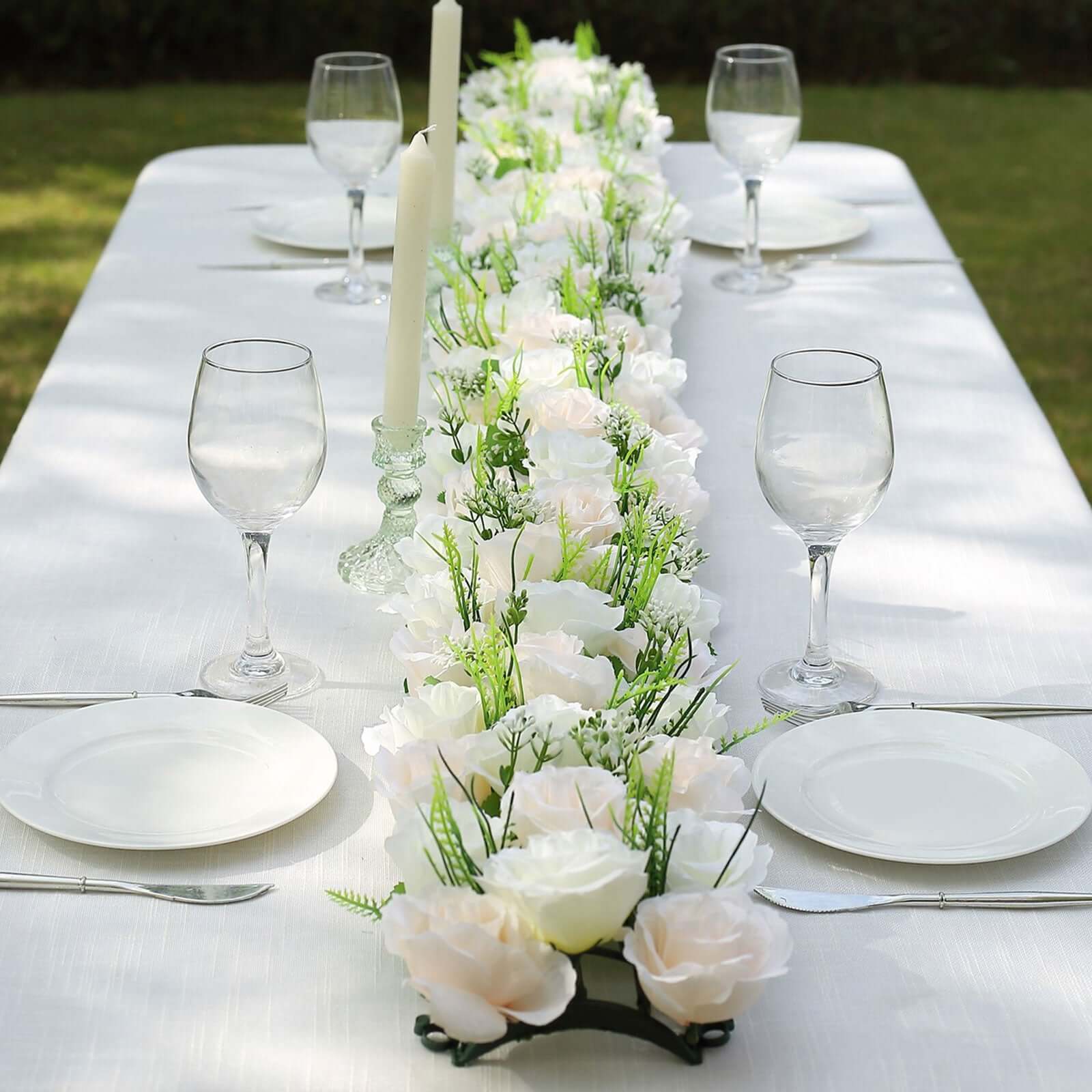 6 Pack Cream Ivory Silk Rose Flower Panel Table Runner. Artificial Floral Arrangements Dining Table Decor - 20x8