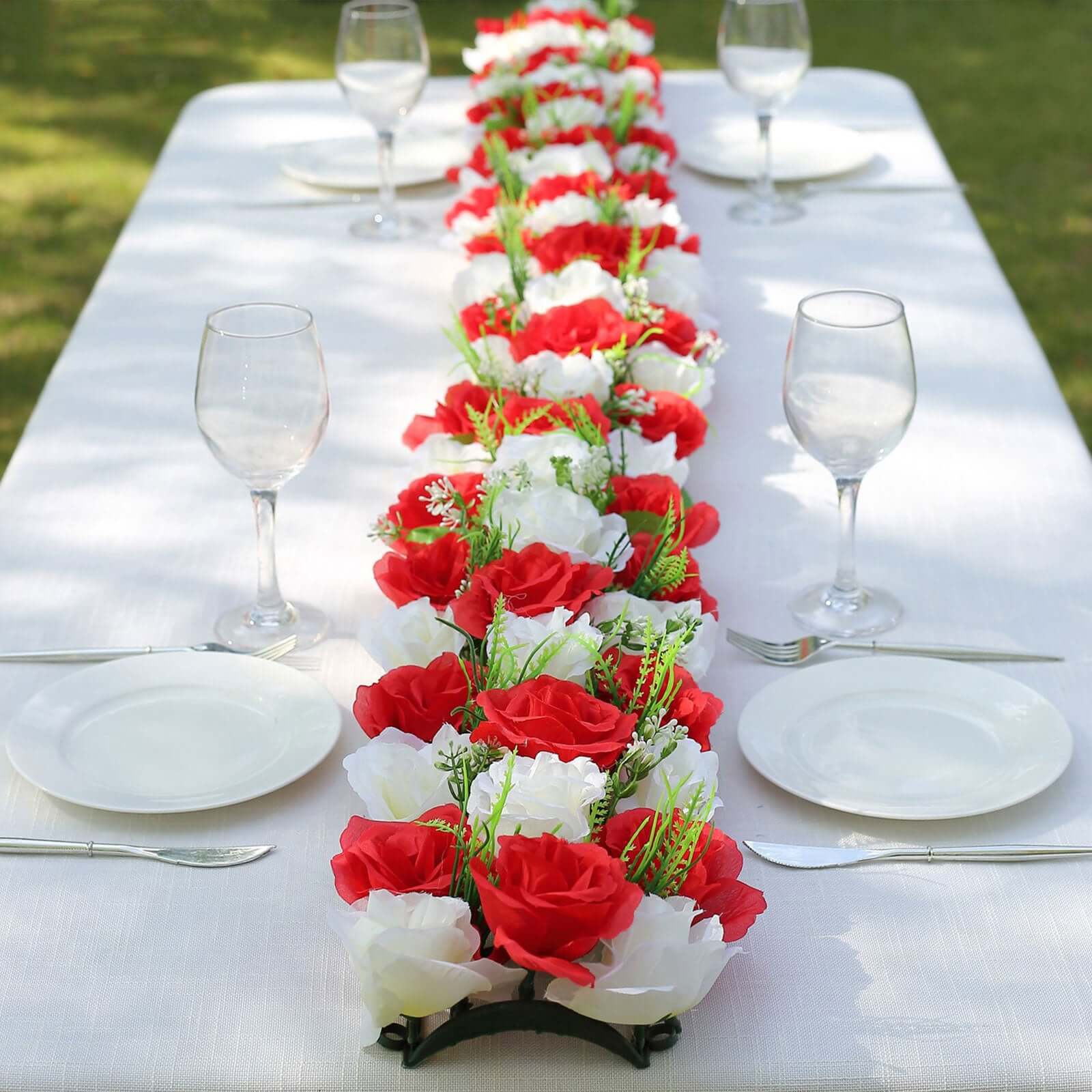 6 Pack Red Ivory Silk Rose Flower Panel Table Runner. Artificial Floral Arrangements Dining Table Decor - 20x8