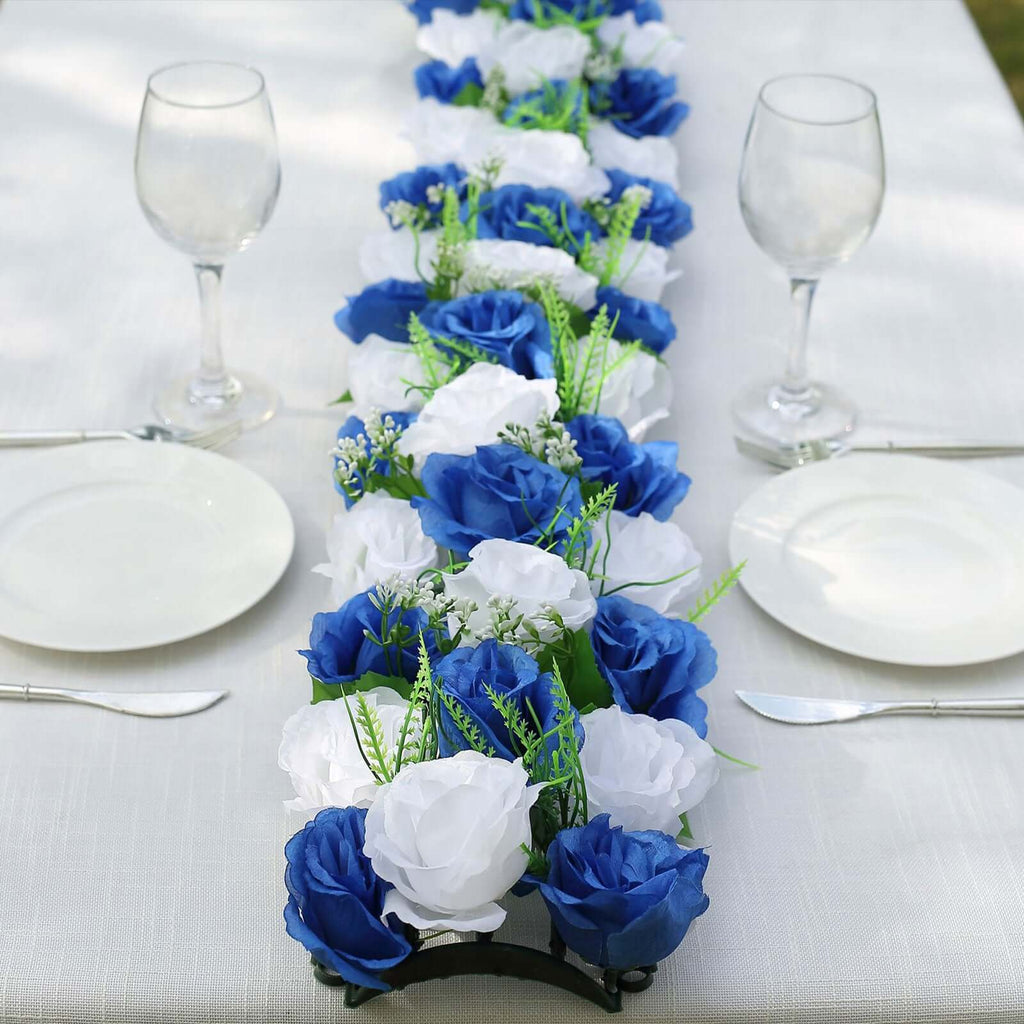 6 Pack White Royal Blue Silk Rose Flower Panel Table Runner. Artificial Floral Arrangements Dining Table Decor - 20x8