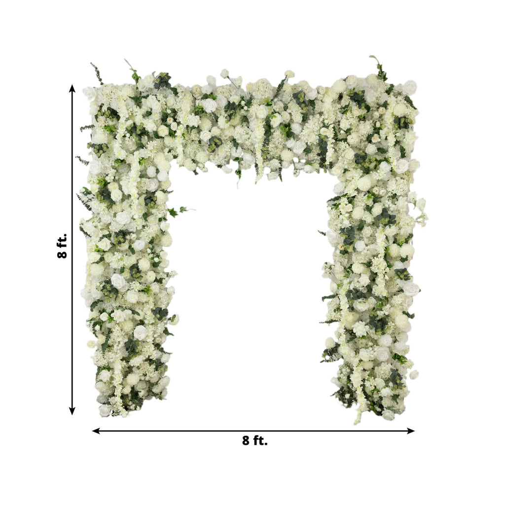 Roll Up Flower Backdrop for Arch Stand - White with Fabric Backing. 8ftx8ft - Artificial Silk Roses. Hydrangeas & Chrysanthemums for Wedding Backdrop