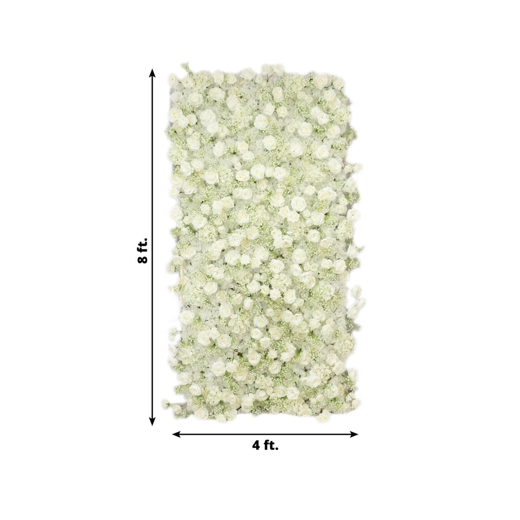 Roll Up Flower Wall Backdrop with Fabric Backing – 8ftx4ft White Artificial Silk Roses & Baby's Breath