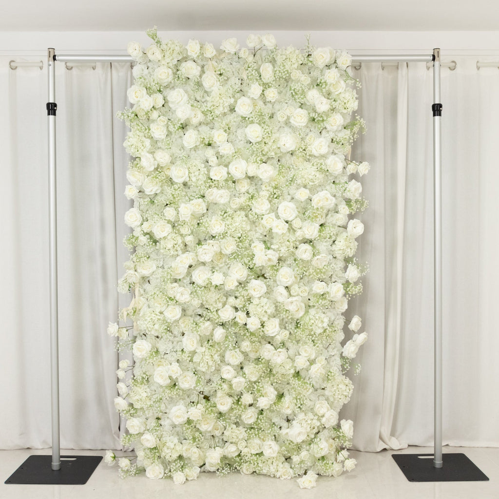Roll Up Flower Wall Backdrop with Fabric Backing – 8ftx4ft White Artificial Silk Roses & Baby's Breath