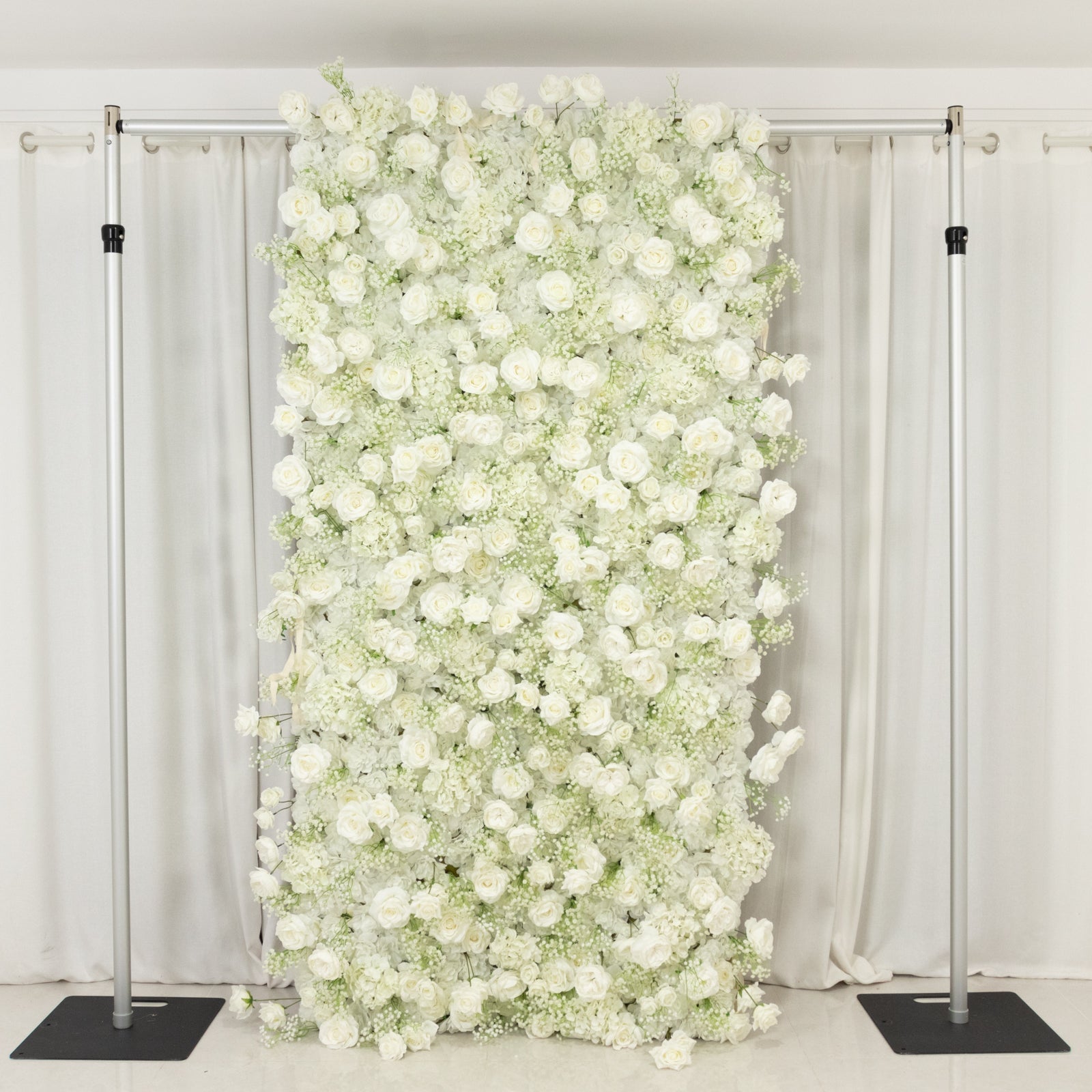 Roll Up Flower Wall Backdrop with Fabric Backing – 8ftx4ft White Artificial Silk Roses & Baby's Breath