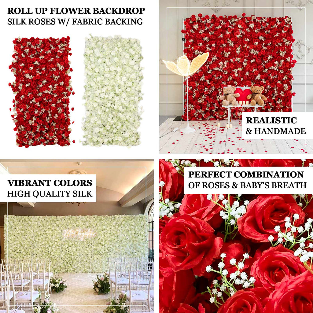 Roll Up Flower Wall Backdrop with Fabric Backing – 8ftx4ft White Artificial Silk Roses & Baby's Breath