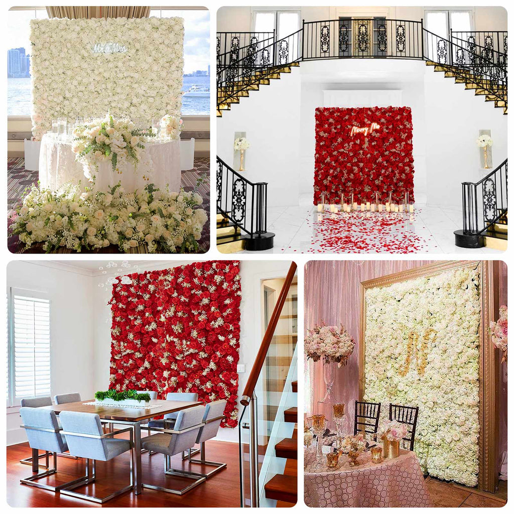 Roll Up Flower Wall Backdrop with Fabric Backing – 8ftx4ft Red Artificial Silk Roses & Baby's Breath