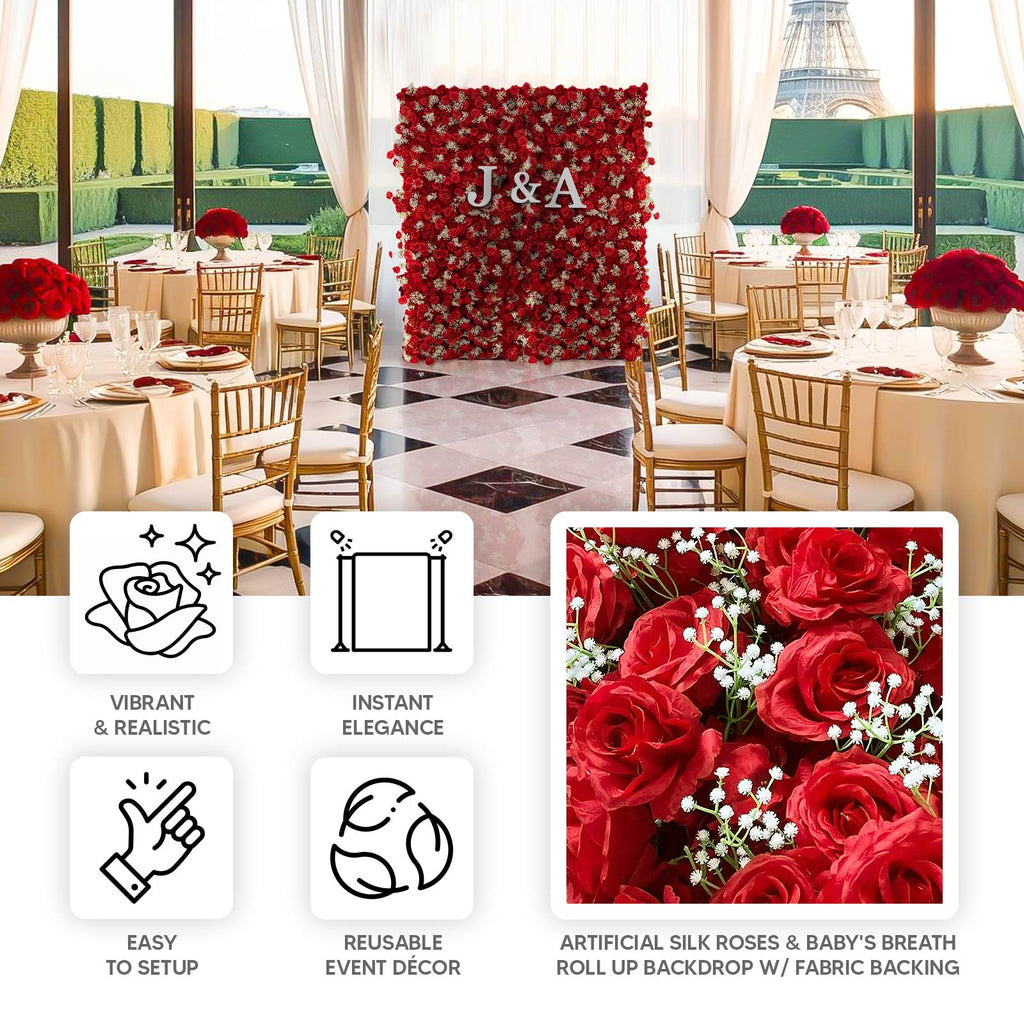 Roll Up Flower Wall Backdrop with Fabric Backing – 8ftx4ft Red Artificial Silk Roses & Baby's Breath