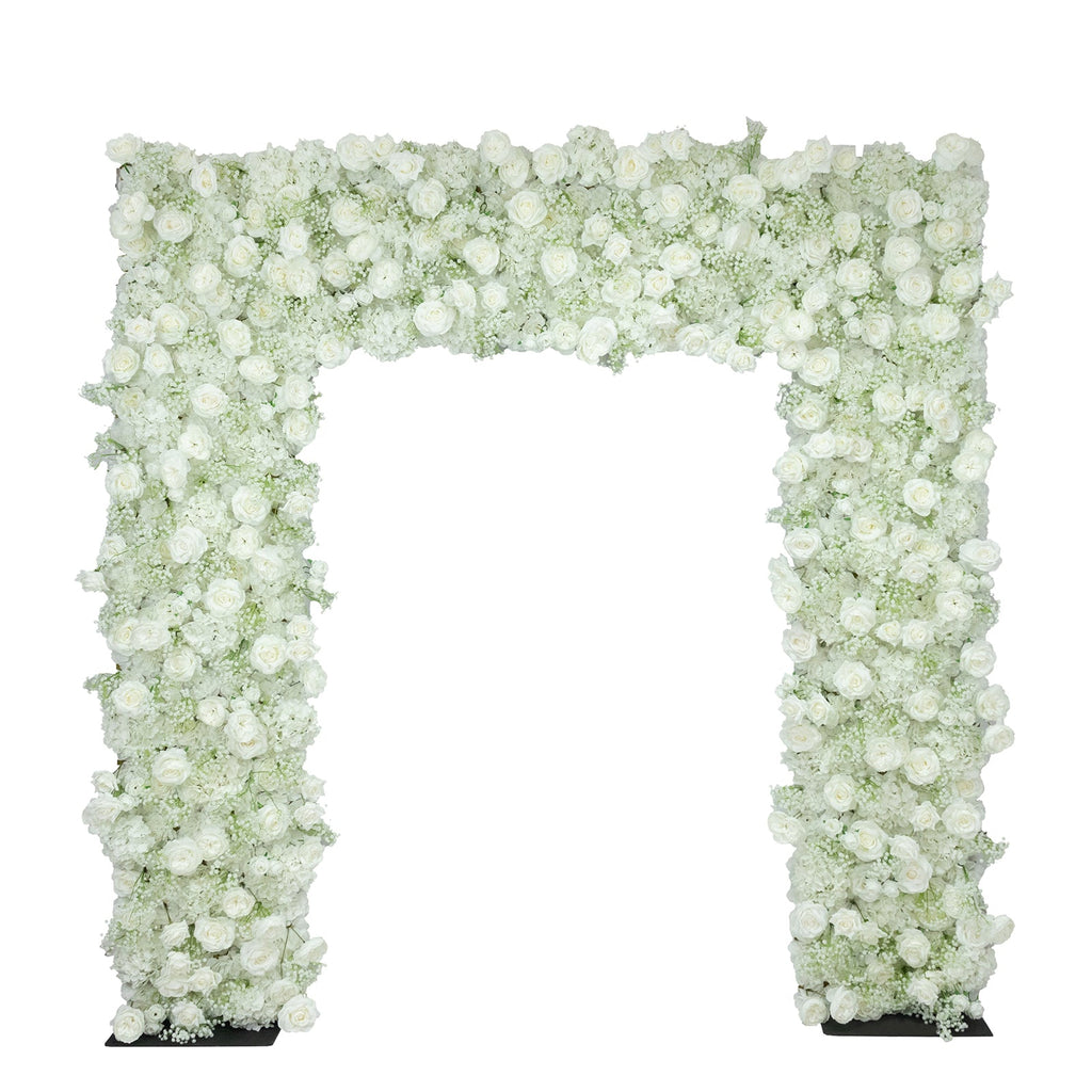 Roll Up Artificial Flower Backdrop for Arch Stand – White with Fabric Backing. 8ftx8ft – Silk Roses & Baby's Breath Wedding Arch Décor