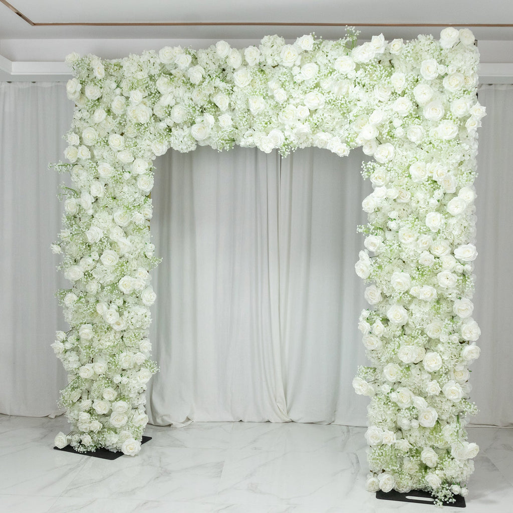 Roll Up Artificial Flower Backdrop for Arch Stand – White with Fabric Backing. 8ftx8ft – Silk Roses & Baby's Breath Wedding Arch Décor
