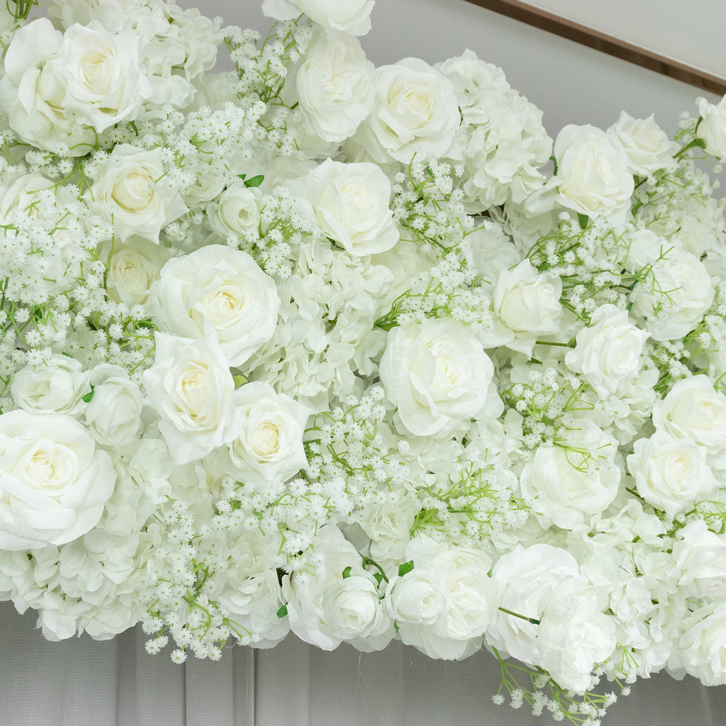 Roll Up Artificial Flower Backdrop for Arch Stand – White with Fabric Backing. 8ftx8ft – Silk Roses & Baby's Breath Wedding Arch Décor