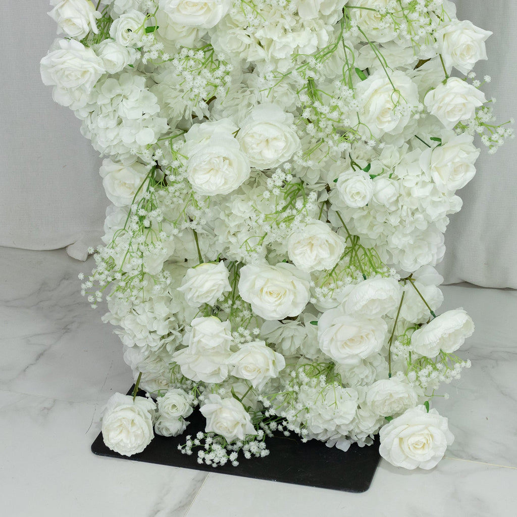 Roll Up Artificial Flower Backdrop for Arch Stand – White with Fabric Backing. 8ftx8ft – Silk Roses & Baby's Breath Wedding Arch Décor