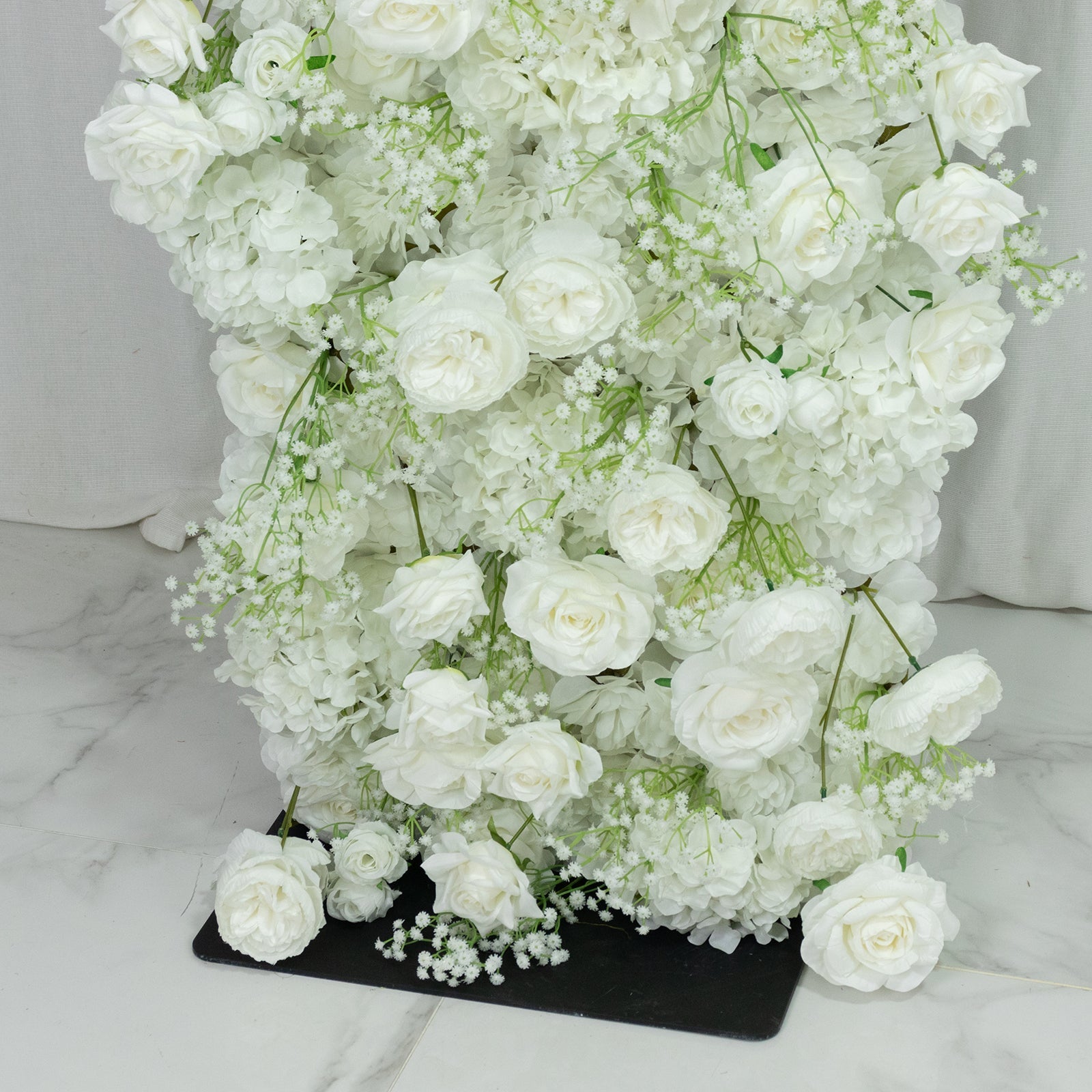 Roll Up Artificial Flower Backdrop for Arch Stand – White with Fabric Backing. 8ftx8ft – Silk Roses & Baby's Breath Wedding Arch Décor