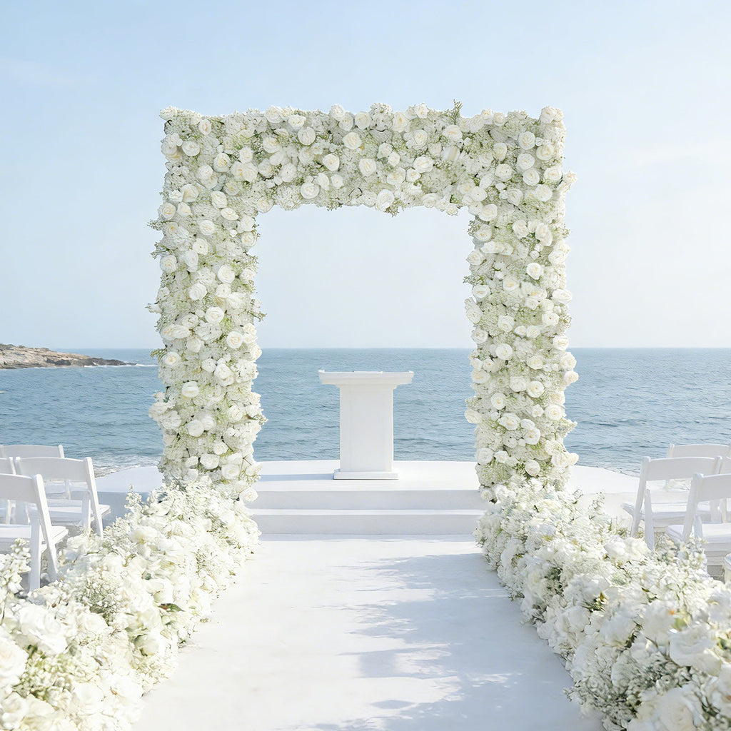 Roll Up Artificial Flower Backdrop for Arch Stand – White with Fabric Backing. 8ftx8ft – Silk Roses & Baby's Breath Wedding Arch Décor