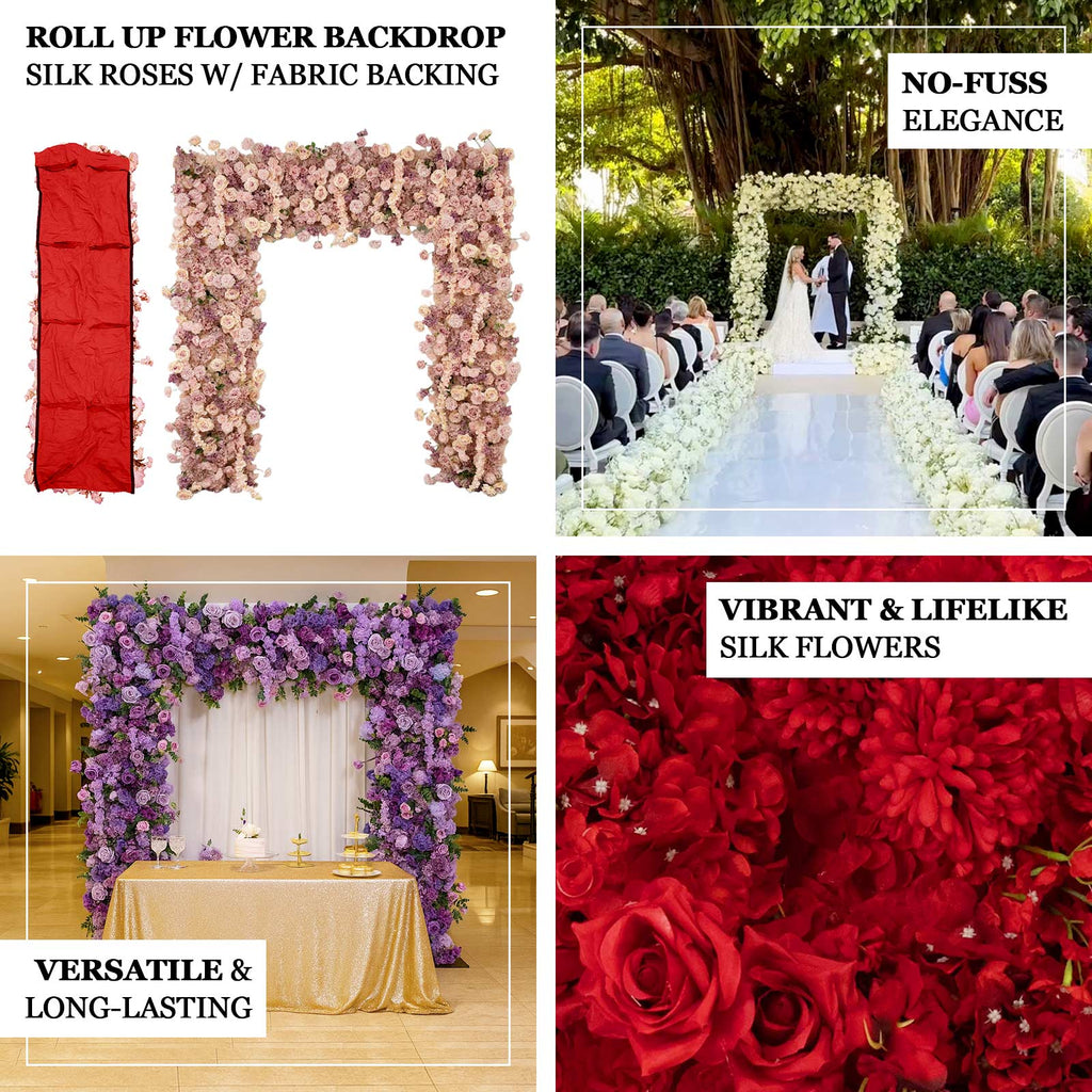 Roll Up Flower Backdrop for Arch Stand - Red with Fabric Backing. 8ftx8ft - Artificial Silk Roses. Hydrangeas & Chrysanthemums for Wedding Backdrop