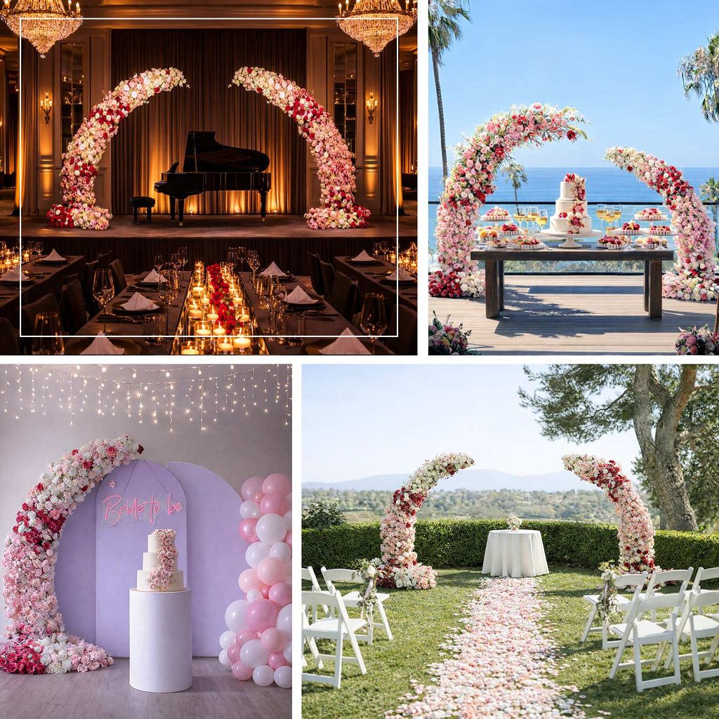 Silk Floral Backdrop for 8ft Half Crescent Wedding Arch – Foam-Backed Artificial Flower Arch in Dusty Rose Mix with Roses. Hydrangeas & Chrysanthemums