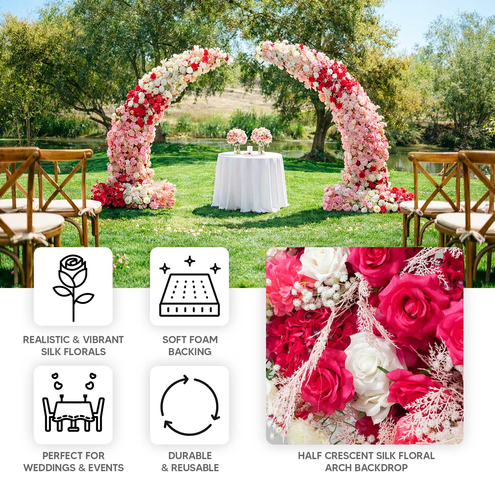 Silk Floral Backdrop for 6.5ft Half Crescent Wedding Arch – Foam-Backed Artificial Flower Arch in White & Pink Mix with Roses. Hydrangeas & Chrysanthemums