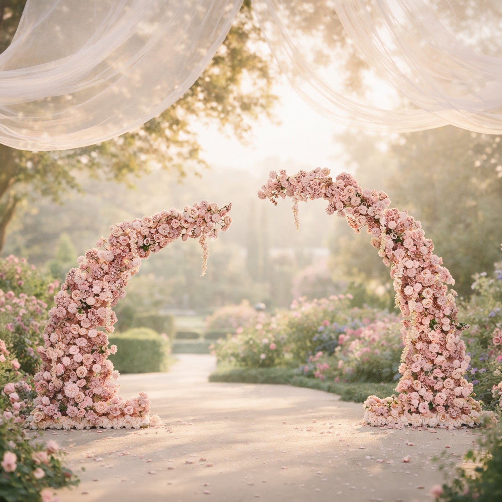Silk Floral Backdrop for 8ft Half Crescent Wedding Arch – Foam-Backed Artificial Flower Arch in Dusty Rose Mix with Roses. Hydrangeas & Chrysanthemums