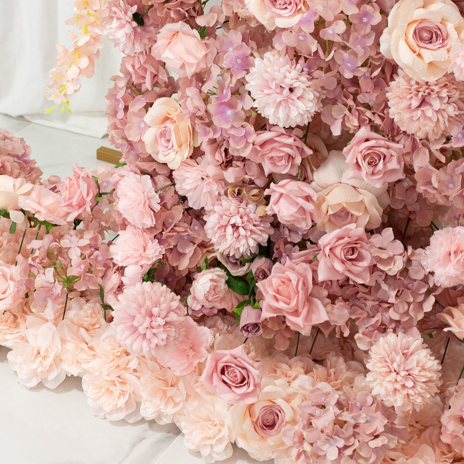 Silk Floral Backdrop for 8ft Half Crescent Wedding Arch – Foam-Backed Artificial Flower Arch in Dusty Rose Mix with Roses. Hydrangeas & Chrysanthemums