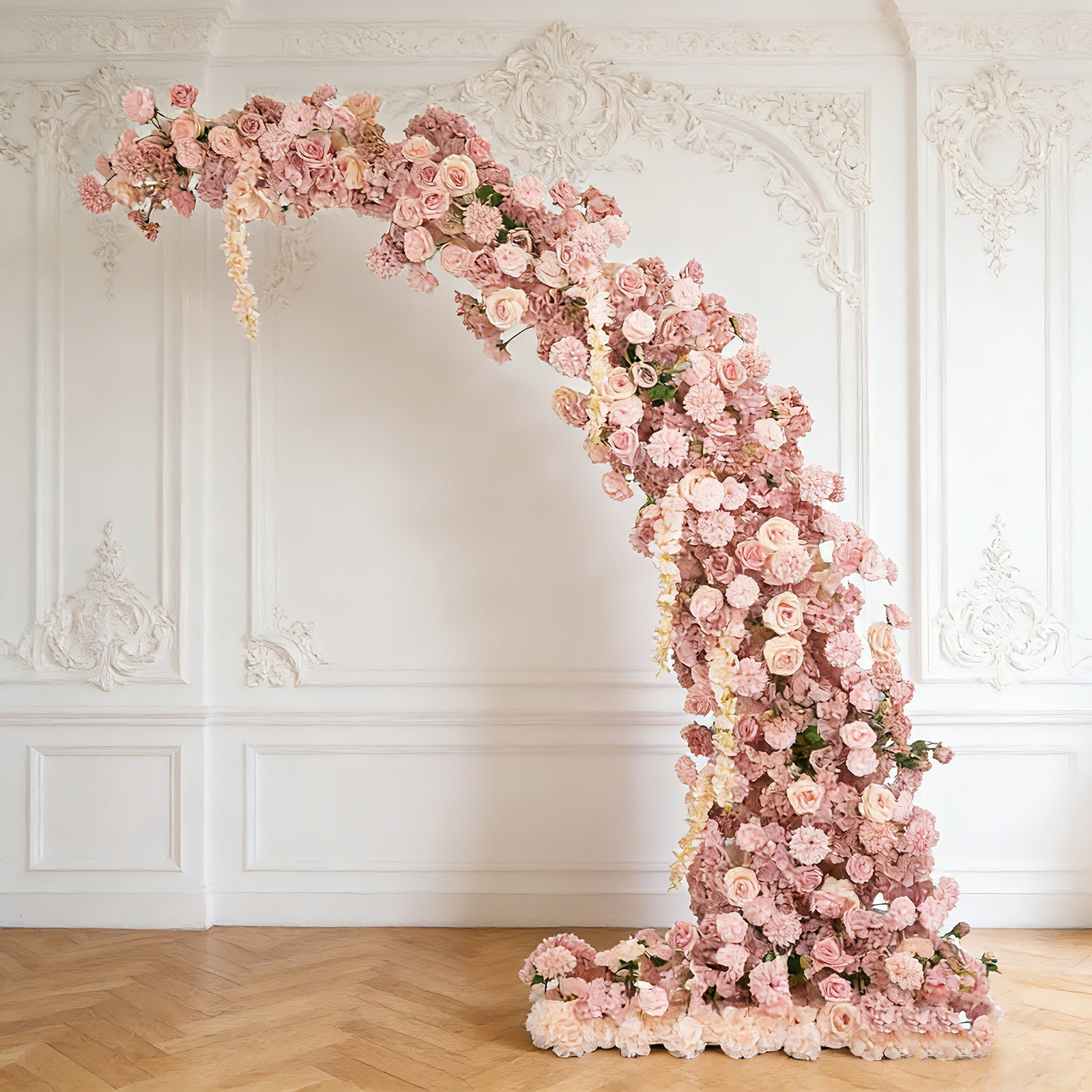 Silk Floral Backdrop for 8ft Half Crescent Wedding Arch – Foam-Backed Artificial Flower Arch in Dusty Rose Mix with Roses. Hydrangeas & Chrysanthemums