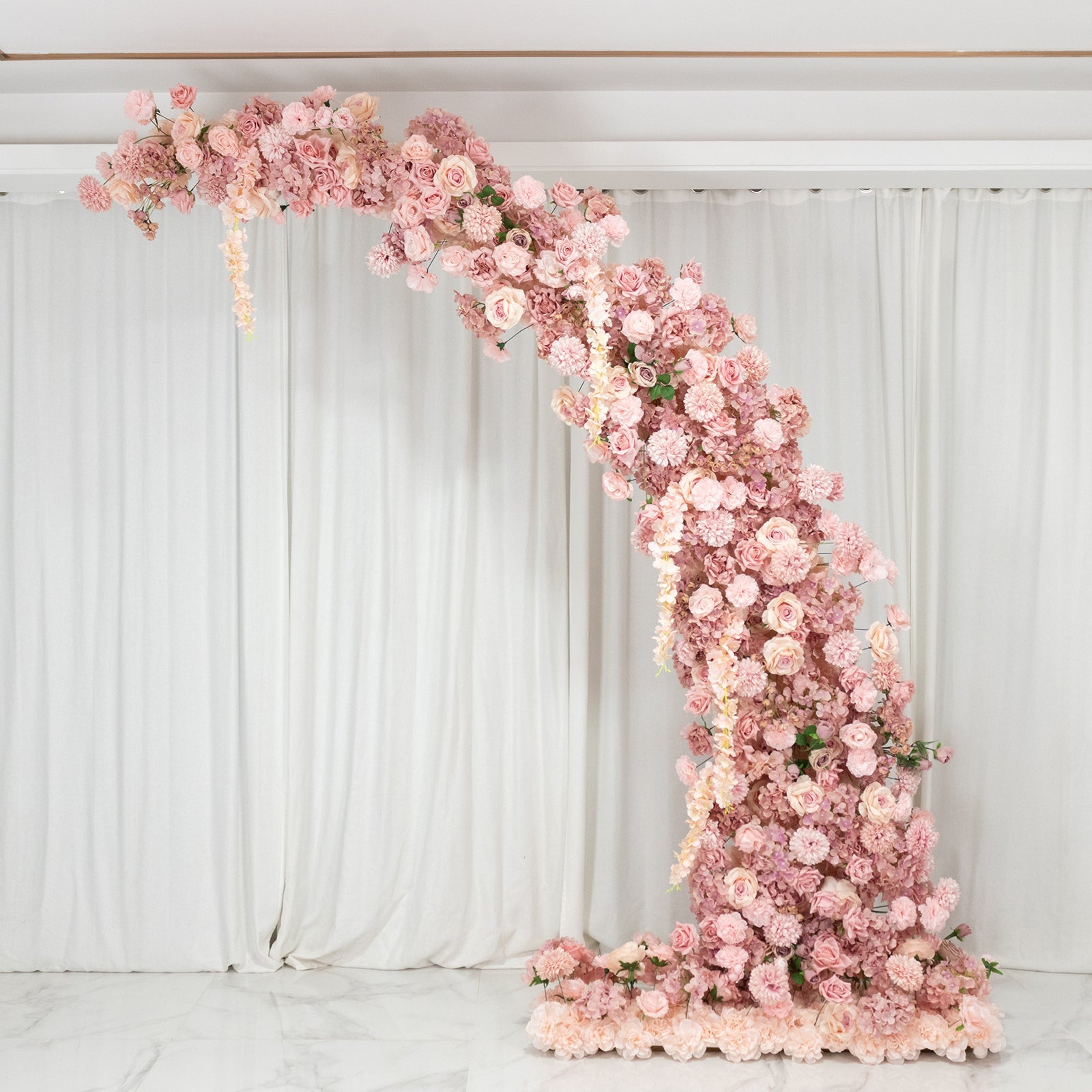 Silk Floral Backdrop for 8ft Half Crescent Wedding Arch – Foam-Backed Artificial Flower Arch in Dusty Rose Mix with Roses. Hydrangeas & Chrysanthemums