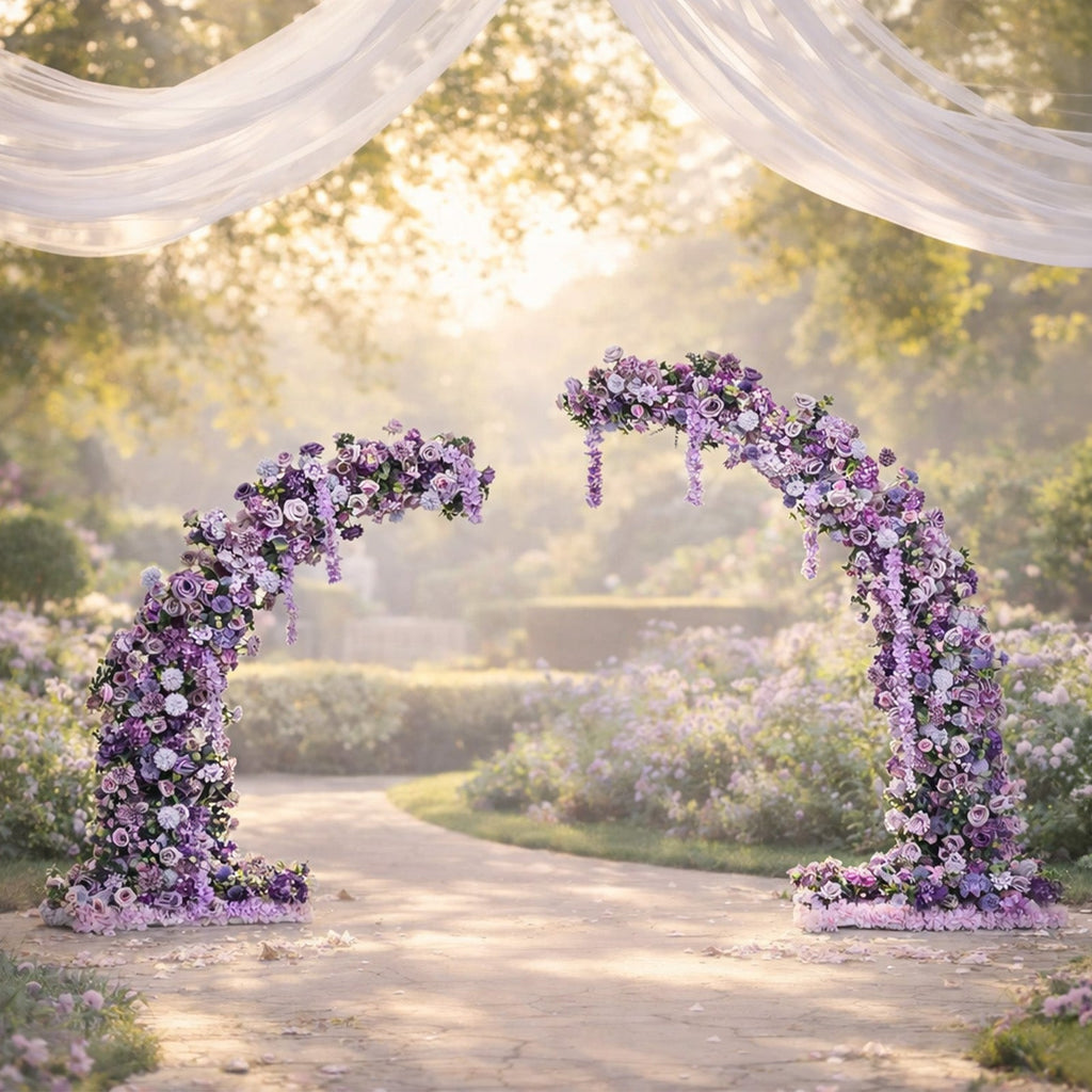 Silk Floral Backdrop for 8ft Half Crescent Wedding Arch – Foam-Backed Artificial Flower Arch in Lavender Lilac Mix with Roses. Hydrangeas & Chrysanthemums