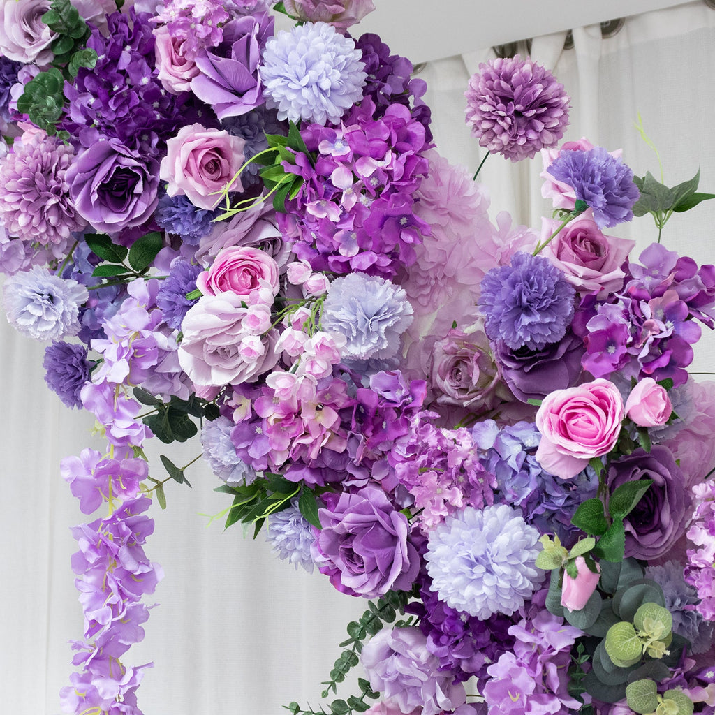 Silk Floral Backdrop for 8ft Half Crescent Wedding Arch – Foam-Backed Artificial Flower Arch in Lavender Lilac Mix with Roses. Hydrangeas & Chrysanthemums