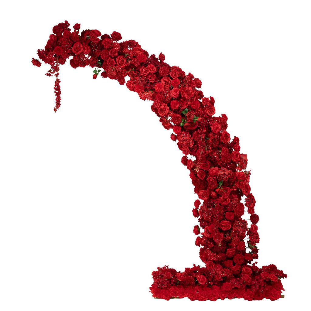 Silk Floral Backdrop for 8ft Half Crescent Wedding Arch – Foam-Backed Artificial Flower Arch in Red Mix with Roses. Hydrangeas & Chrysanthemums