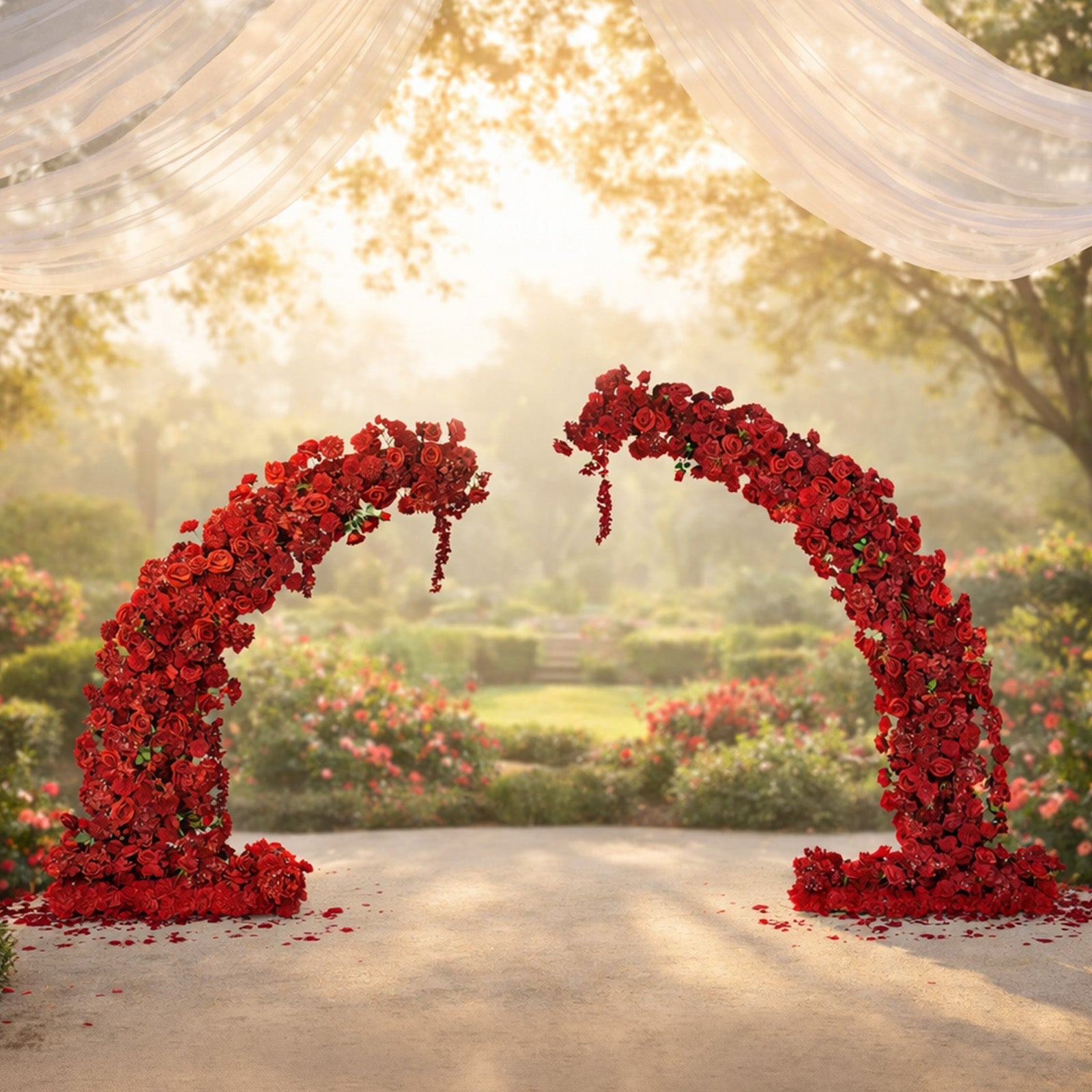 Silk Floral Backdrop for 8ft Half Crescent Wedding Arch – Foam-Backed Artificial Flower Arch in Red Mix with Roses. Hydrangeas & Chrysanthemums