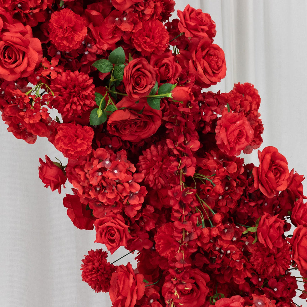 Silk Floral Backdrop for 8ft Half Crescent Wedding Arch – Foam-Backed Artificial Flower Arch in Red Mix with Roses. Hydrangeas & Chrysanthemums