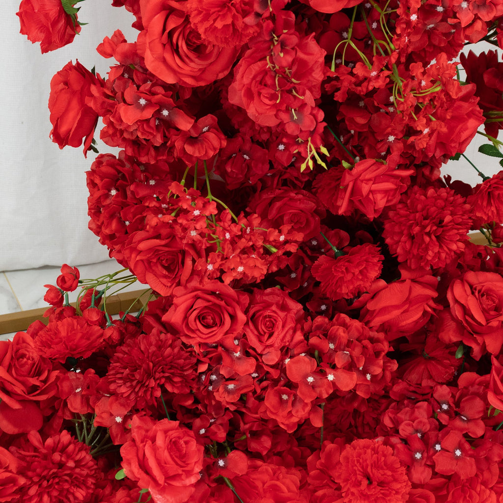 Silk Floral Backdrop for 8ft Half Crescent Wedding Arch – Foam-Backed Artificial Flower Arch in Red Mix with Roses. Hydrangeas & Chrysanthemums