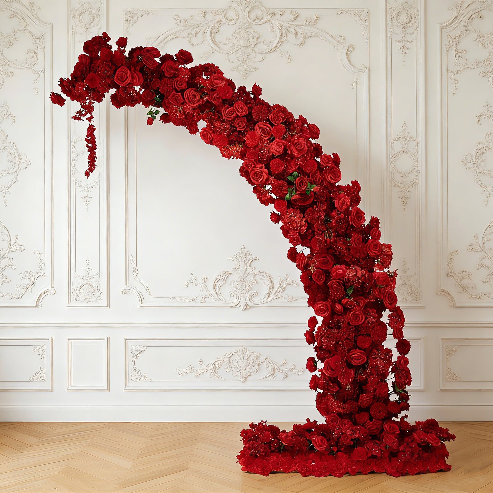 Silk Floral Backdrop for 8ft Half Crescent Wedding Arch – Foam-Backed Artificial Flower Arch in Red Mix with Roses. Hydrangeas & Chrysanthemums