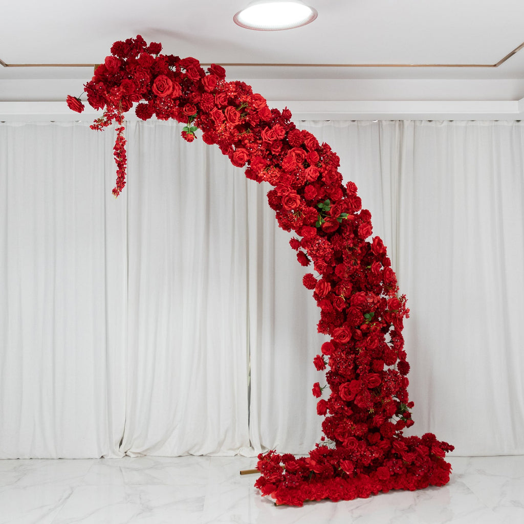 Silk Floral Backdrop for 8ft Half Crescent Wedding Arch – Foam-Backed Artificial Flower Arch in Red Mix with Roses. Hydrangeas & Chrysanthemums