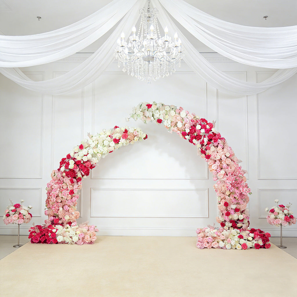 Silk Floral Backdrop for 8ft Half Crescent Wedding Arch – Foam-Backed Artificial Flower Arch in White & Pink Mix with Roses. Hydrangeas & Chrysanthemums