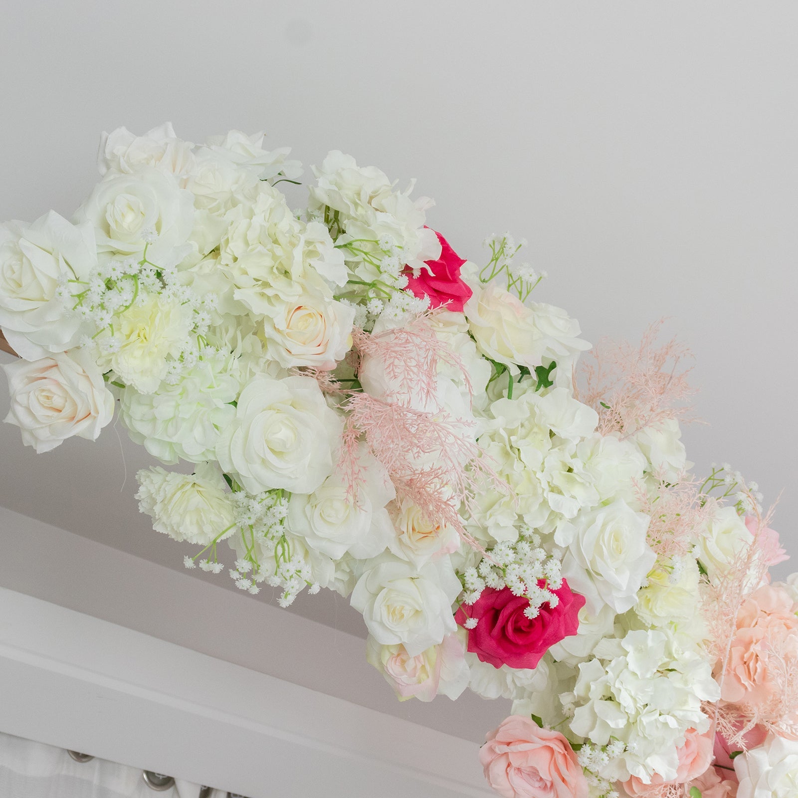 Silk Floral Backdrop for 8ft Half Crescent Wedding Arch – Foam-Backed Artificial Flower Arch in White & Pink Mix with Roses. Hydrangeas & Chrysanthemums