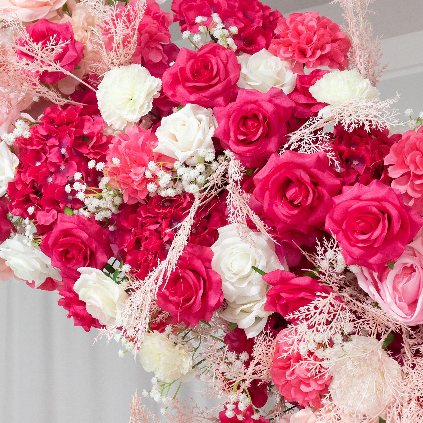 Silk Floral Backdrop for 8ft Half Crescent Wedding Arch – Foam-Backed Artificial Flower Arch in White & Pink Mix with Roses. Hydrangeas & Chrysanthemums