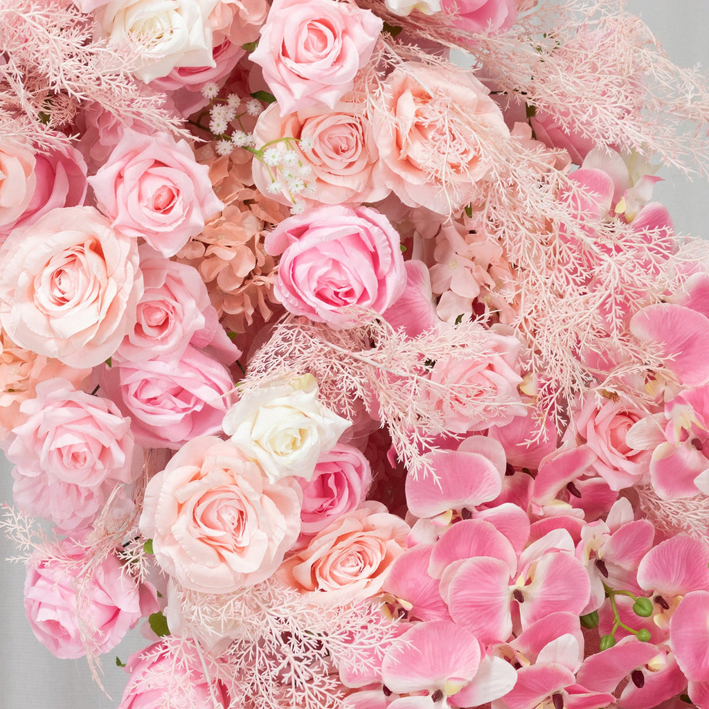 Silk Floral Backdrop for 8ft Half Crescent Wedding Arch – Foam-Backed Artificial Flower Arch in White & Pink Mix with Roses. Hydrangeas & Chrysanthemums