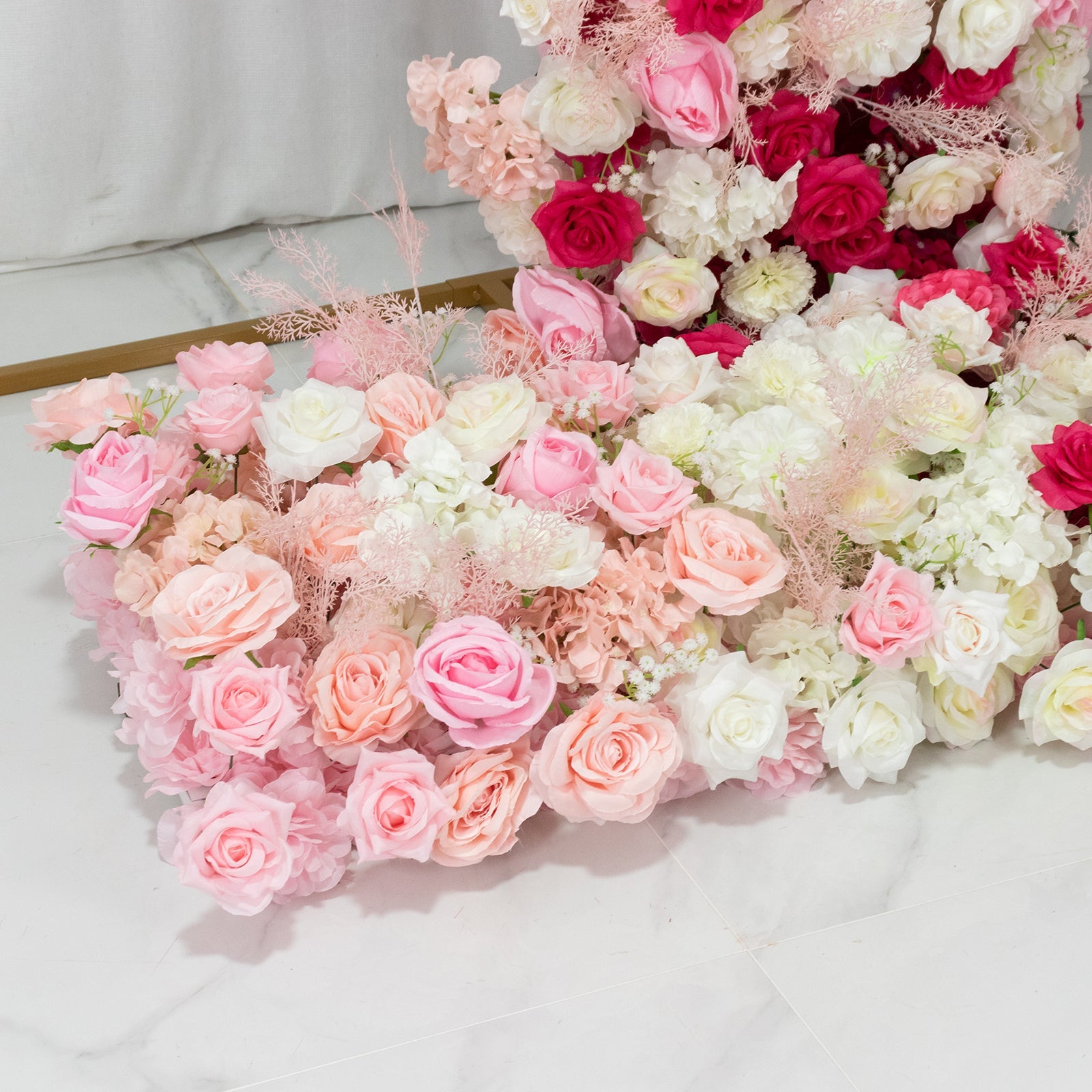 Silk Floral Backdrop for 8ft Half Crescent Wedding Arch – Foam-Backed Artificial Flower Arch in White & Pink Mix with Roses. Hydrangeas & Chrysanthemums
