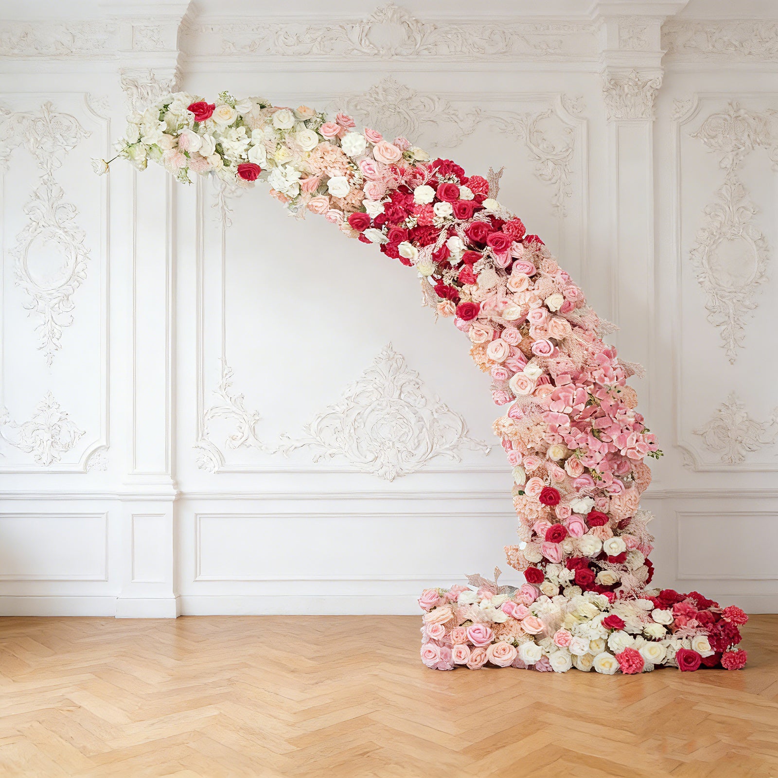 Silk Floral Backdrop for 8ft Half Crescent Wedding Arch – Foam-Backed Artificial Flower Arch in White & Pink Mix with Roses. Hydrangeas & Chrysanthemums
