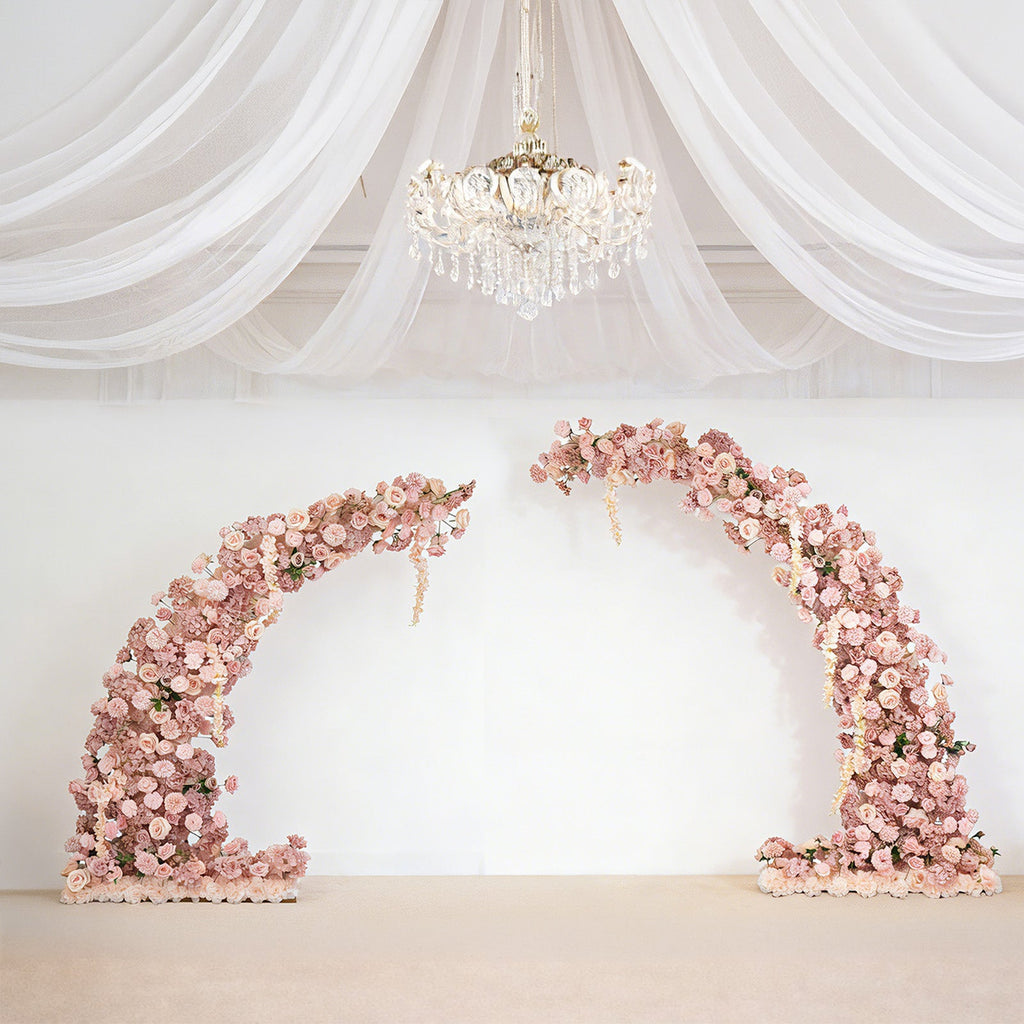 Silk Floral Backdrop for 6.5ft Half Crescent Wedding Arch – Foam-Backed Artificial Flower Arch in Dusty Rose with Roses. Hydrangeas & Chrysanthemums
