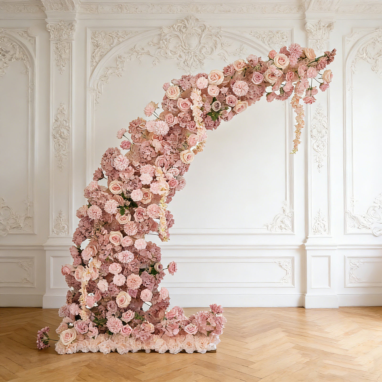 Silk Floral Backdrop for 6.5ft Half Crescent Wedding Arch – Foam-Backed Artificial Flower Arch in Dusty Rose with Roses. Hydrangeas & Chrysanthemums
