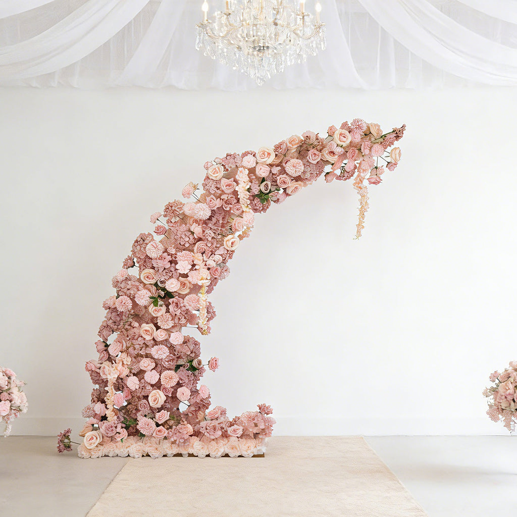 Silk Floral Backdrop for 6.5ft Half Crescent Wedding Arch – Foam-Backed Artificial Flower Arch in Dusty Rose with Roses. Hydrangeas & Chrysanthemums