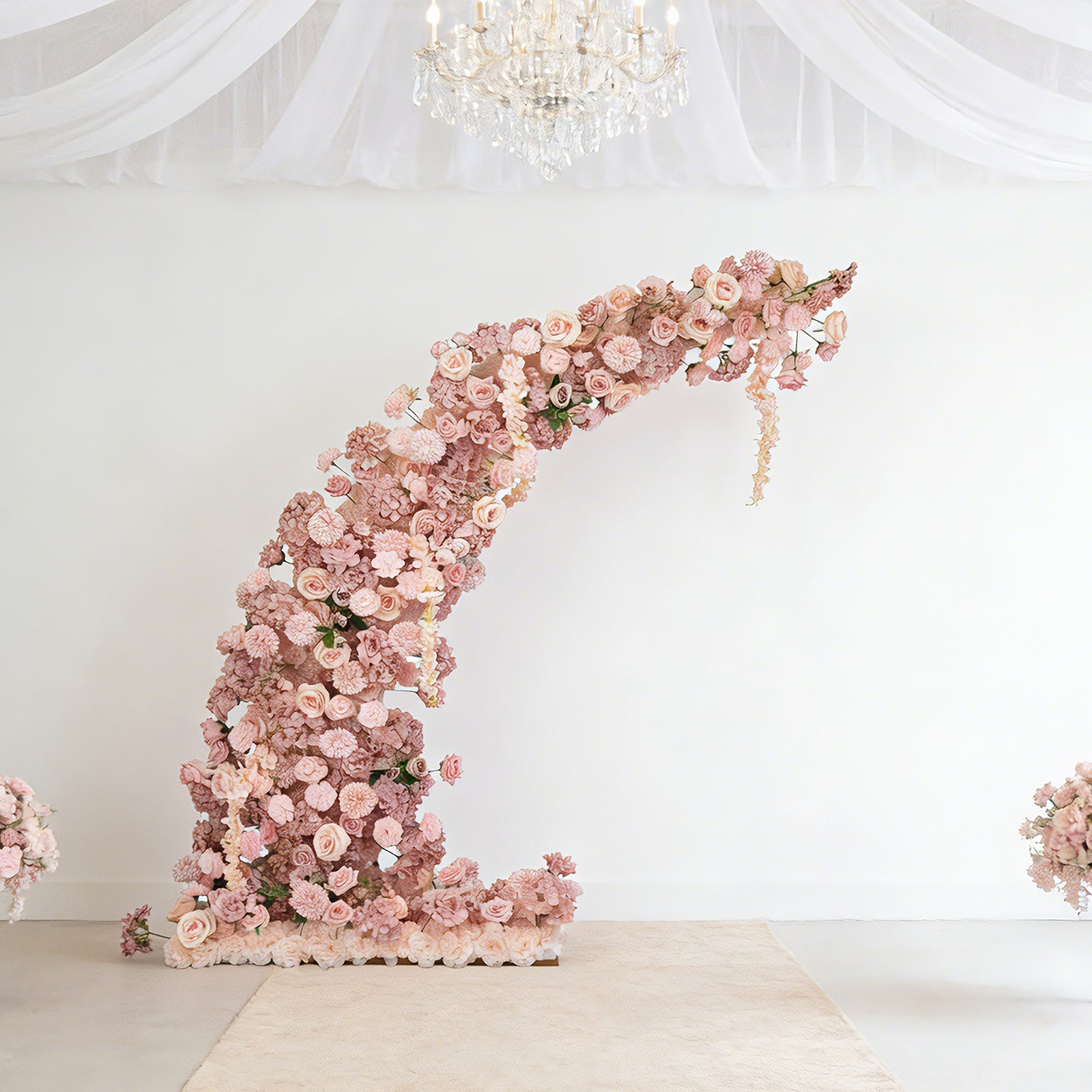 Silk Floral Backdrop for 6.5ft Half Crescent Wedding Arch – Foam-Backed Artificial Flower Arch in Dusty Rose with Roses. Hydrangeas & Chrysanthemums