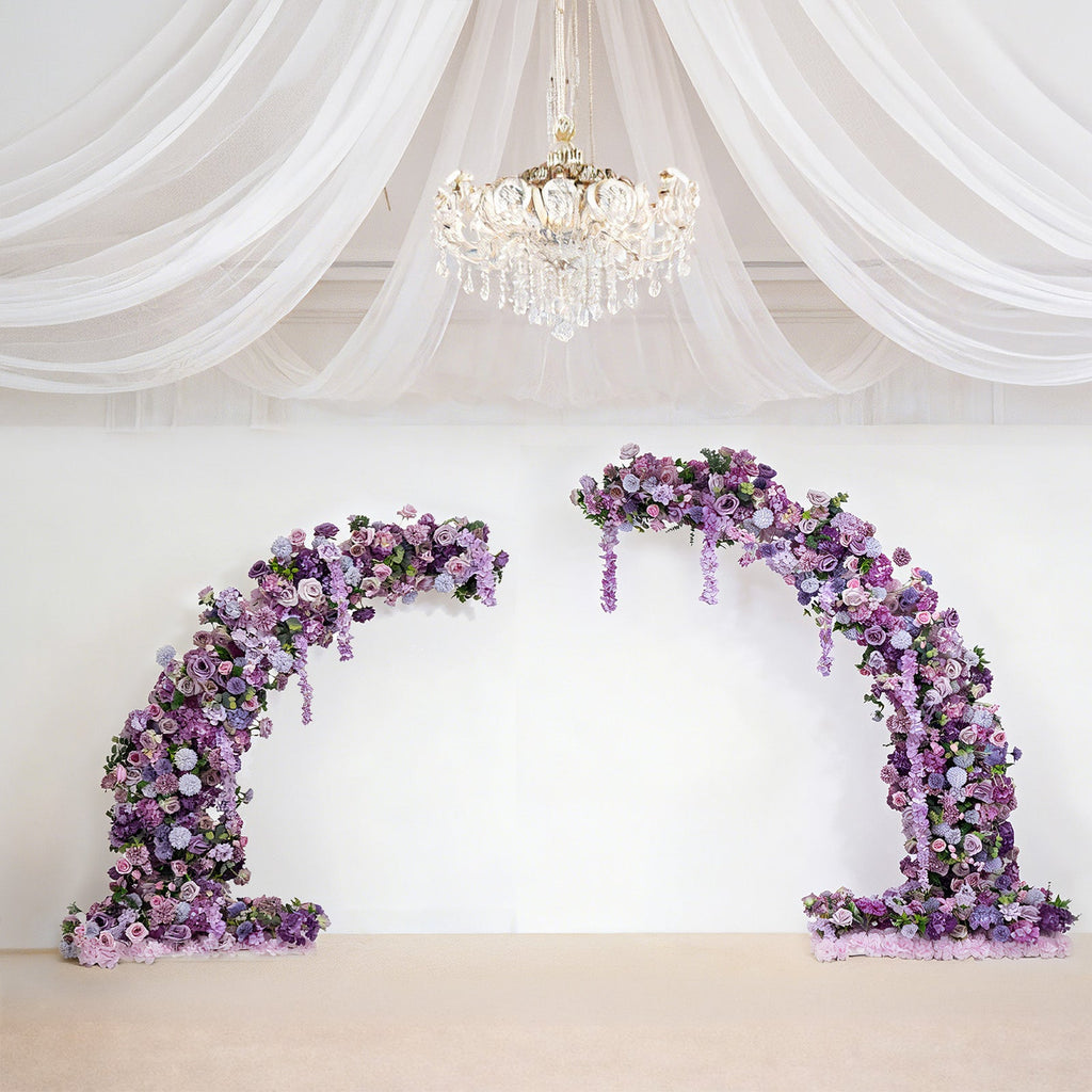 Silk Floral Backdrop for 6.5ft Half Crescent Wedding Arch – Foam-Backed Artificial Flower Arch in Lavender Lilac with Roses. Hydrangeas & Chrysanthemums