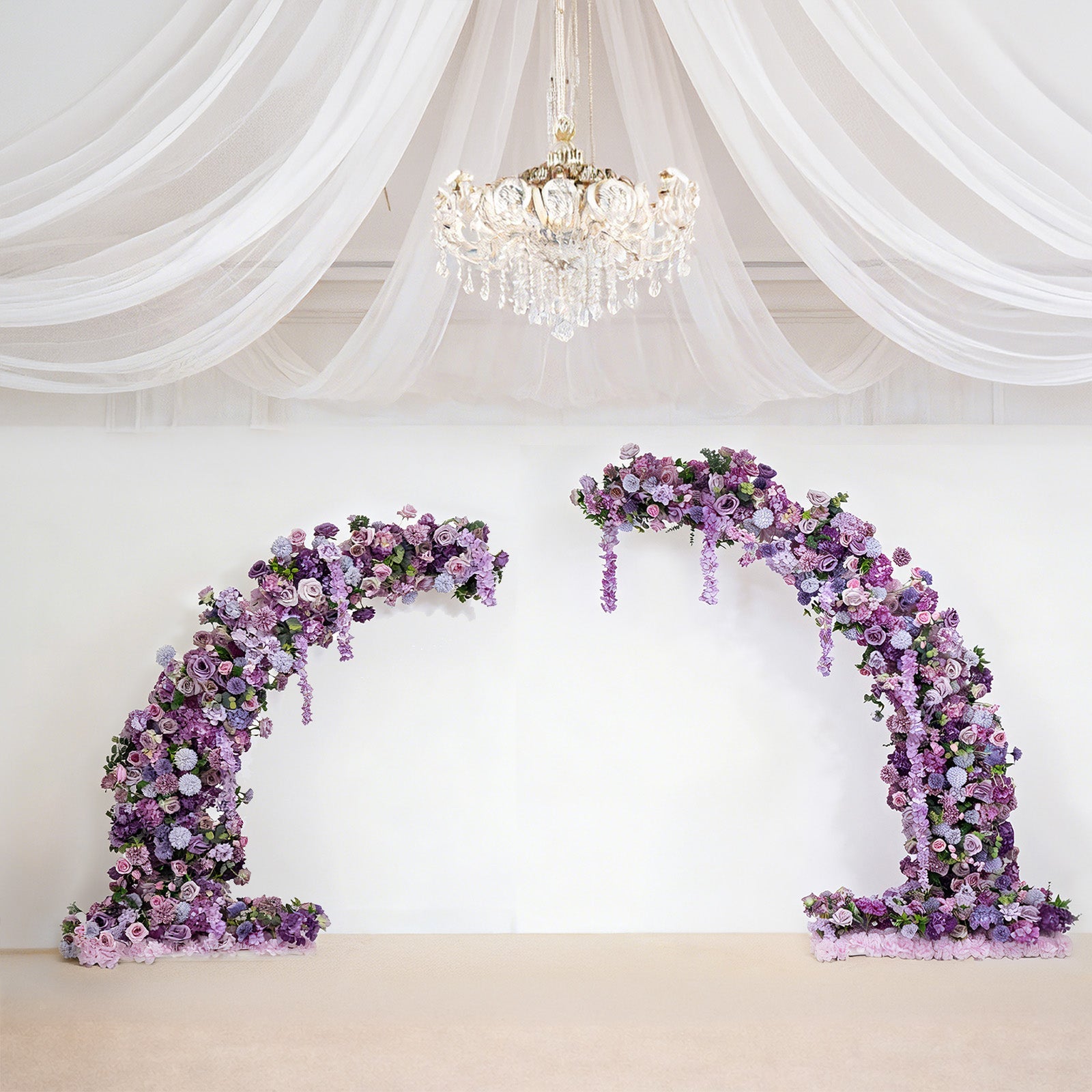 Silk Floral Backdrop for 6.5ft Half Crescent Wedding Arch – Foam-Backed Artificial Flower Arch in Lavender Lilac with Roses. Hydrangeas & Chrysanthemums