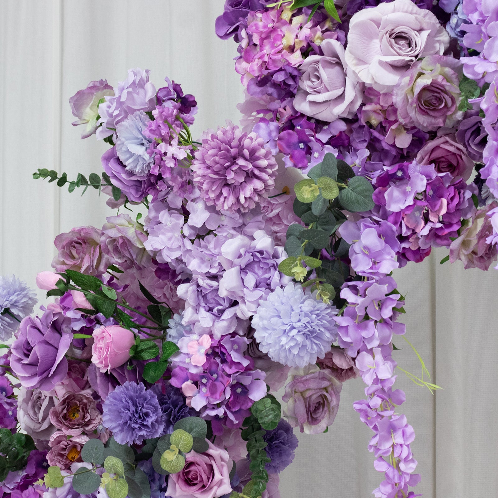 Silk Floral Backdrop for 6.5ft Half Crescent Wedding Arch – Foam-Backed Artificial Flower Arch in Lavender Lilac with Roses. Hydrangeas & Chrysanthemums
