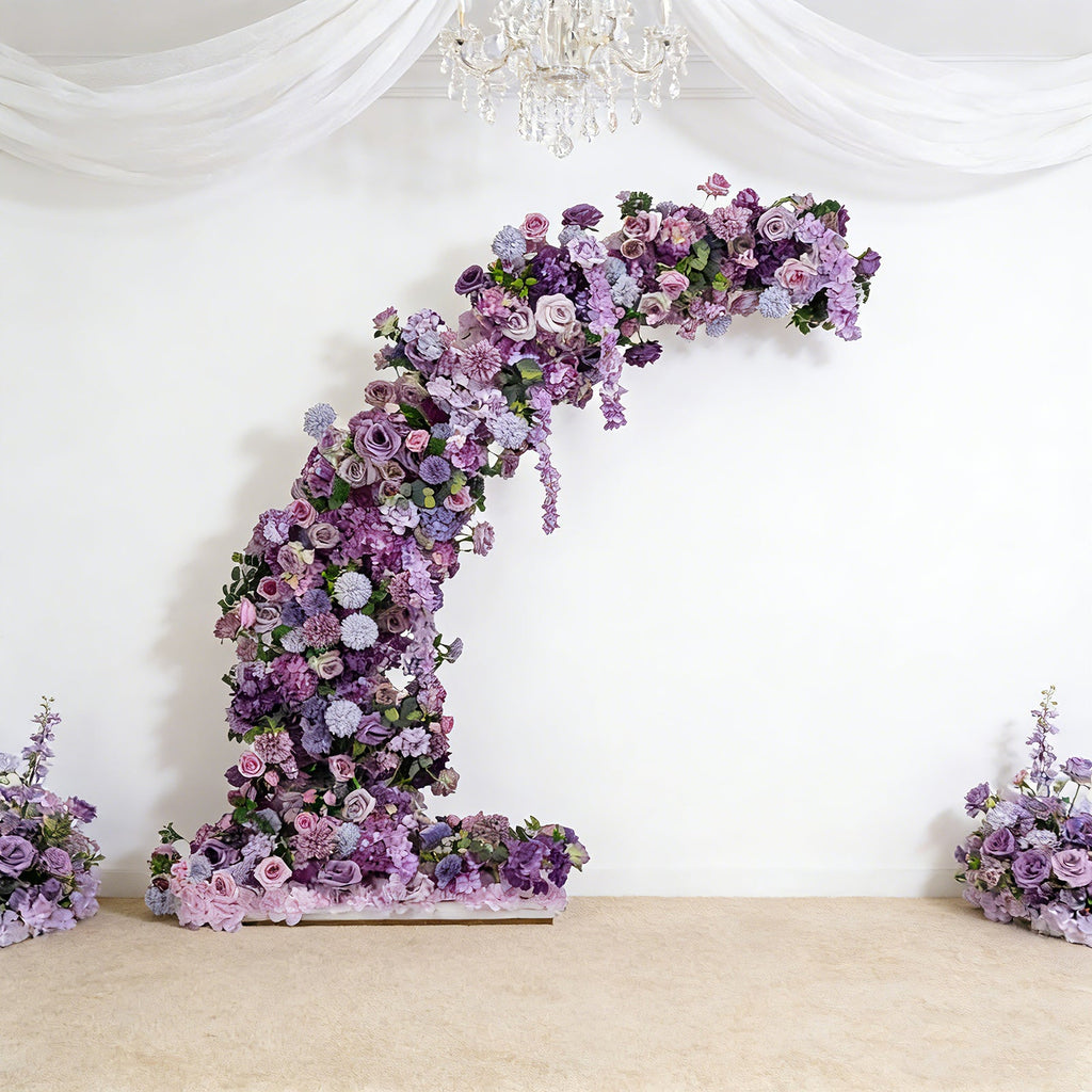 Silk Floral Backdrop for 6.5ft Half Crescent Wedding Arch – Foam-Backed Artificial Flower Arch in Lavender Lilac with Roses. Hydrangeas & Chrysanthemums