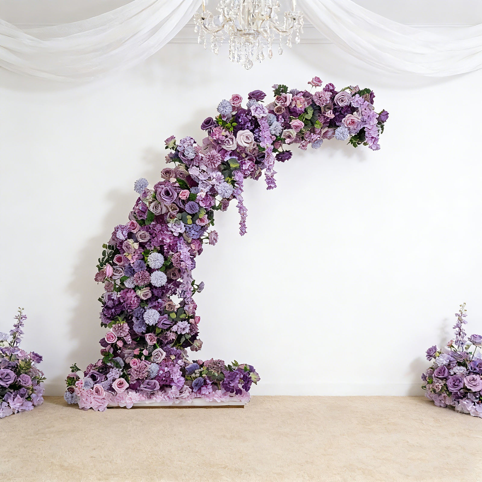 Silk Floral Backdrop for 6.5ft Half Crescent Wedding Arch – Foam-Backed Artificial Flower Arch in Lavender Lilac with Roses. Hydrangeas & Chrysanthemums