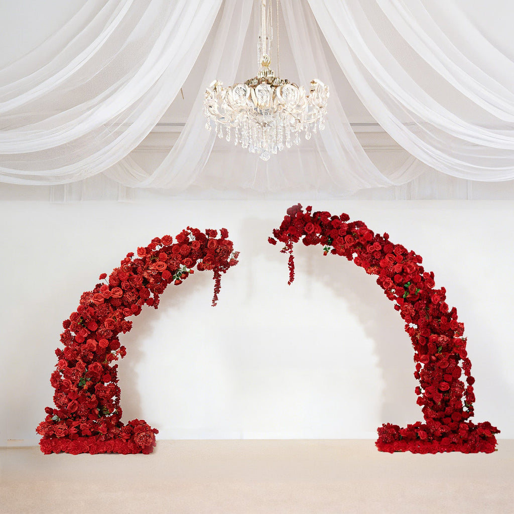Silk Floral Backdrop for 6.5ft Half Crescent Wedding Arch – Foam-Backed Artificial Flower Arch in Red with Roses. Hydrangeas & Chrysanthemums