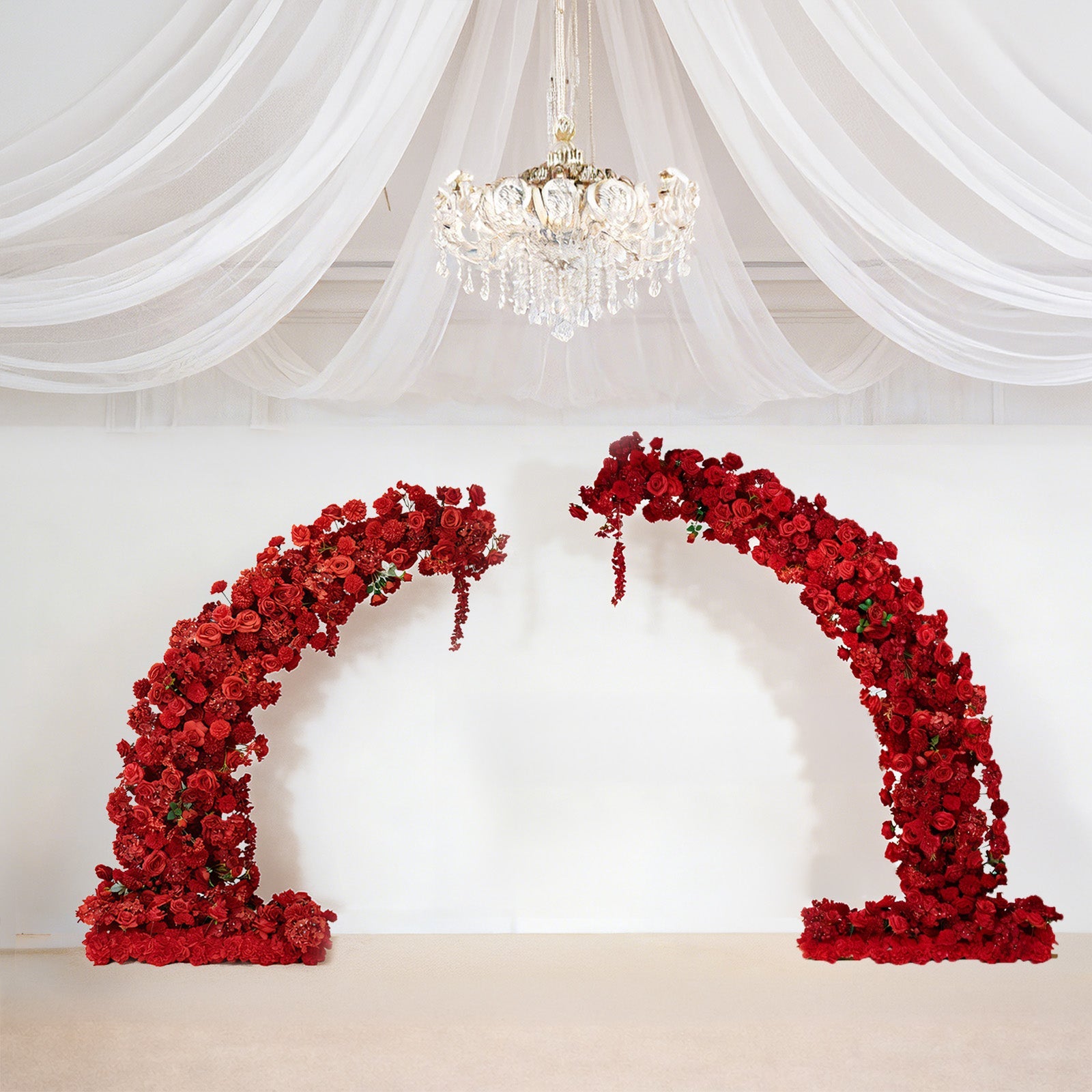 Silk Floral Backdrop for 6.5ft Half Crescent Wedding Arch – Foam-Backed Artificial Flower Arch in Red with Roses. Hydrangeas & Chrysanthemums