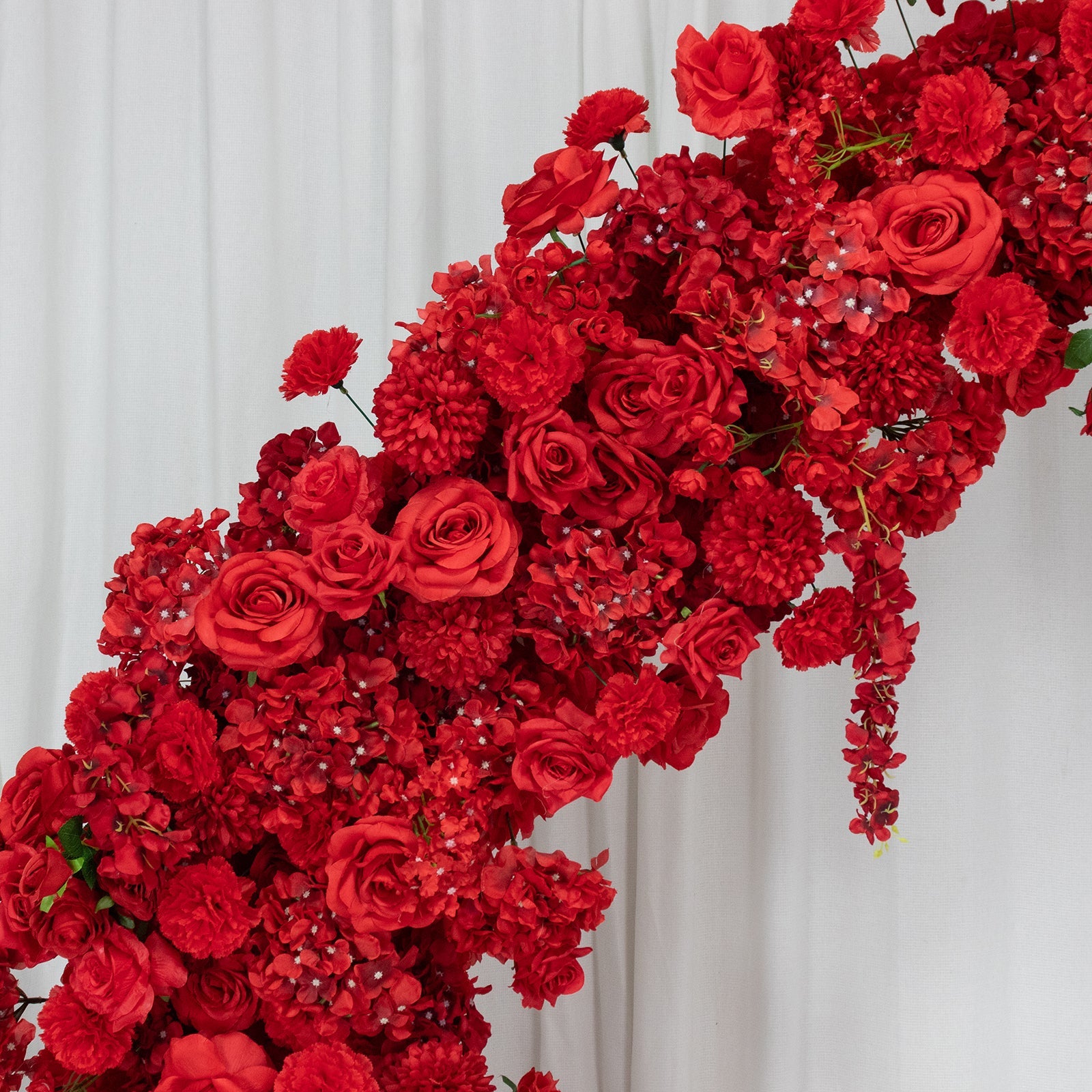 Silk Floral Backdrop for 6.5ft Half Crescent Wedding Arch – Foam-Backed Artificial Flower Arch in Red with Roses. Hydrangeas & Chrysanthemums