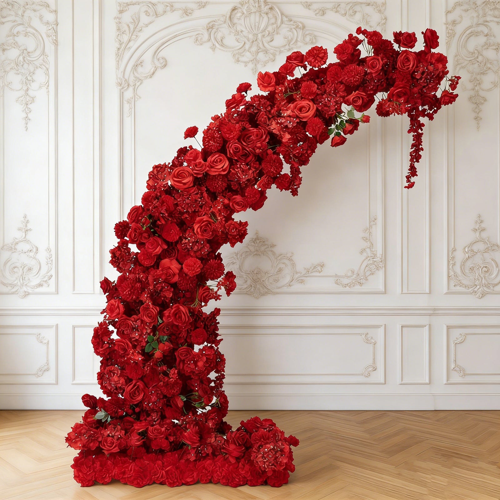 Silk Floral Backdrop for 6.5ft Half Crescent Wedding Arch – Foam-Backed Artificial Flower Arch in Red with Roses. Hydrangeas & Chrysanthemums